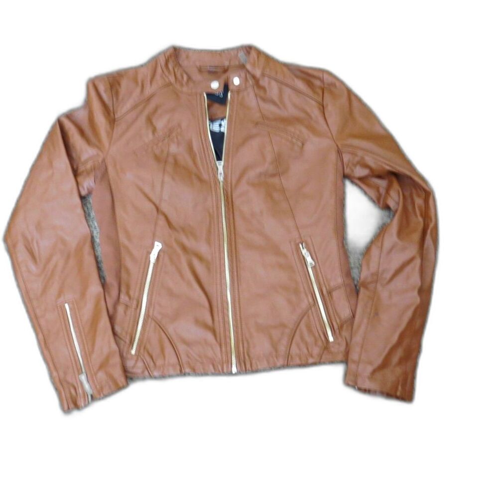 Guess Women's Faux Leather Moto Racer Jacket Brown EUC - Picture 8 of 9